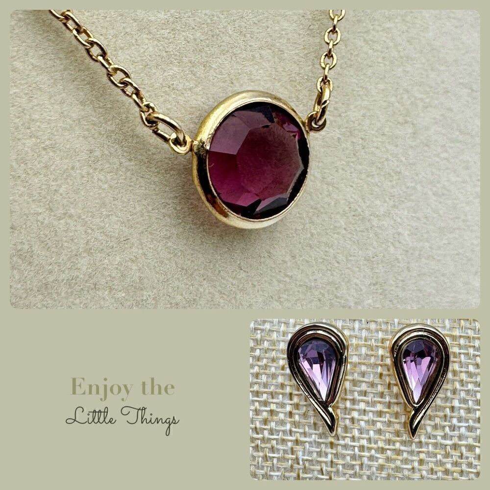Vintage Avon Gold Tone Purple Faceted Station Necklace Teardrop Post Earrings